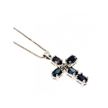 925 Sterling Silver Blue Spinel & Diamond Chain with Cross Italy