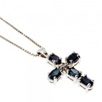 925 Sterling Silver Blue Spinel & Diamond Chain with Cross Italy