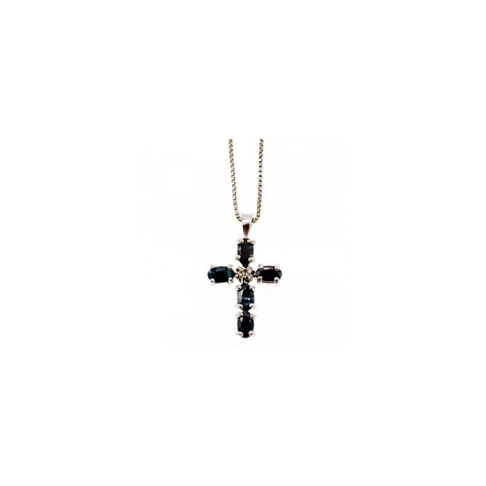 925 Sterling Silver Blue Spinel & Diamond Chain with Cross Italy
