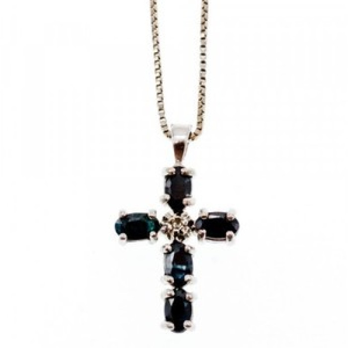 925 Sterling Silver Blue Spinel & Diamond Chain with Cross Italy