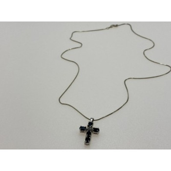 925 Sterling Silver Blue Spinel & Diamond Chain with Cross Italy