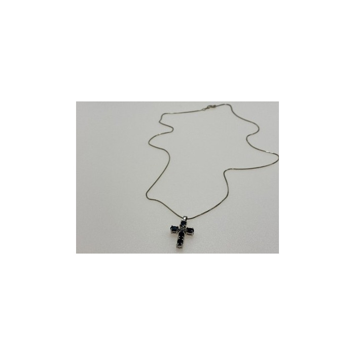 925 Sterling Silver Blue Spinel & Diamond Chain with Cross Italy