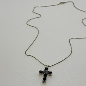 925 Sterling Silver Blue Spinel & Diamond Chain with Cross Italy