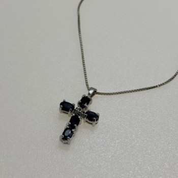 925 Sterling Silver Blue Spinel & Diamond Chain with Cross Italy
