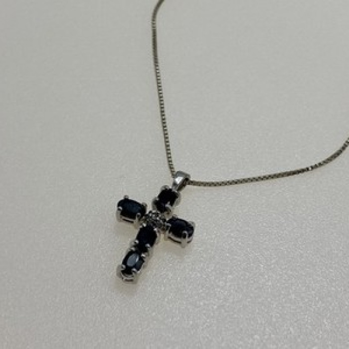 925 Sterling Silver Blue Spinel & Diamond Chain with Cross Italy