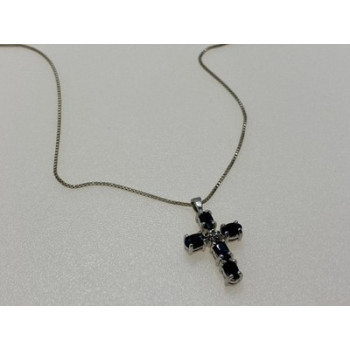 925 Sterling Silver Blue Spinel & Diamond Chain with Cross Italy