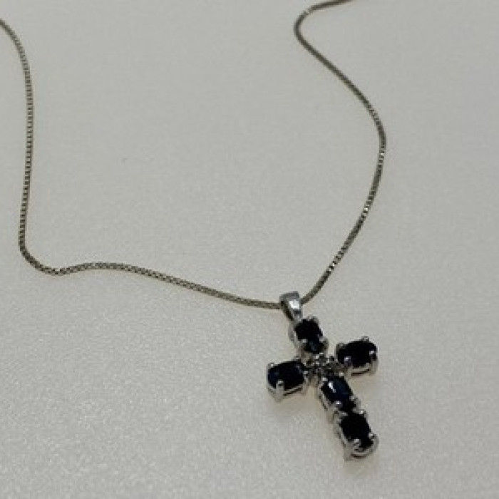 925 Sterling Silver Blue Spinel & Diamond Chain with Cross Italy