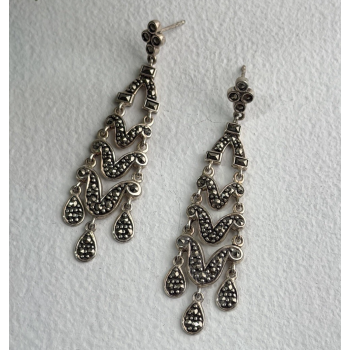 Vintage Dangle 925 Sterling Silver Marcasite Earrings