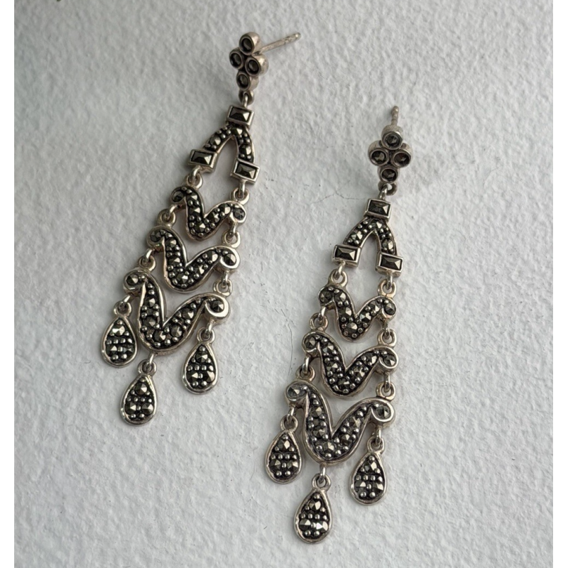 Vintage Dangle 925 Sterling Silver Marcasite Earrings