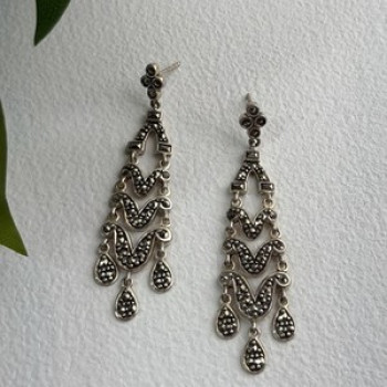 Vintage Dangle 925 Sterling Silver Marcasite Earrings