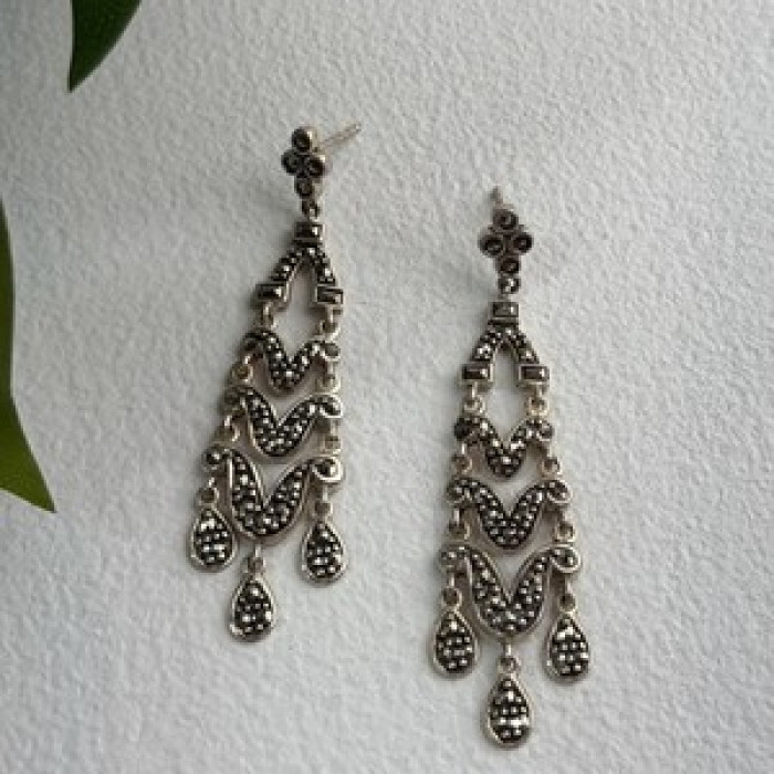 Vintage Dangle 925 Sterling Silver Marcasite Earrings