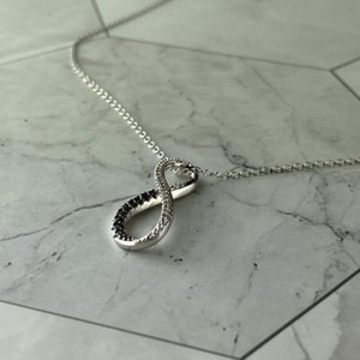 925 Sterling Silver White and Black Spinel Chain with Pendant Italy