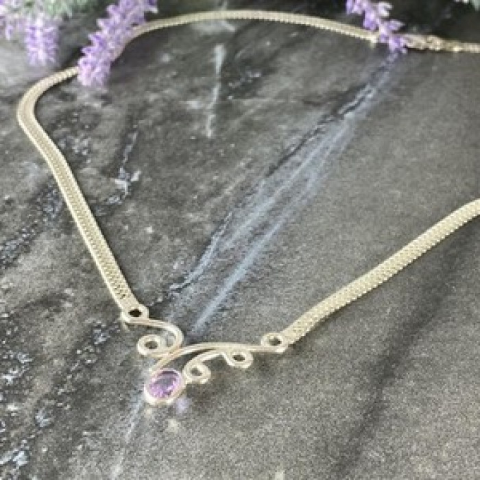 925 Sterling Silver Amethyst  Necklace Italy