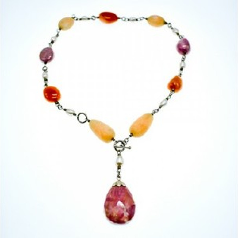 925 Sterling Silver Rose Quartz, Yellow Agate and Orange Carnelian Necklace