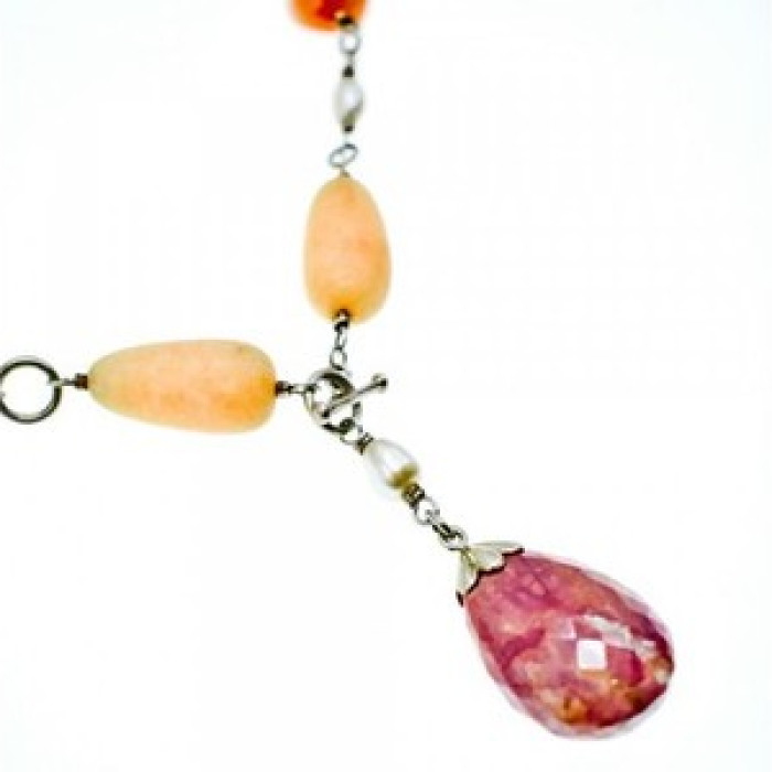 925 Sterling Silver Rose Quartz, Yellow Agate and Orange Carnelian Necklace
