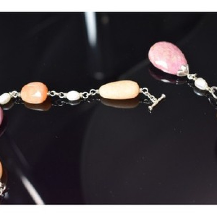 925 Sterling Silver Rose Quartz, Yellow Agate and Orange Carnelian Necklace
