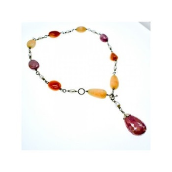 925 Sterling Silver Rose Quartz, Yellow Agate and Orange Carnelian Necklace