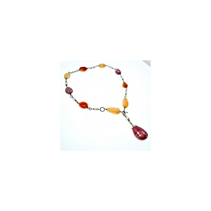 925 Sterling Silver Rose Quartz, Yellow Agate and Orange Carnelian Necklace