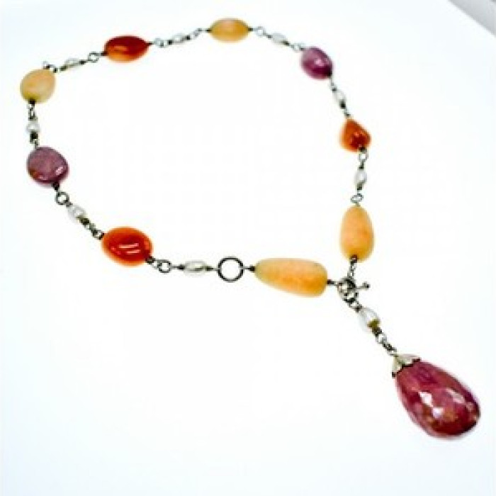 925 Sterling Silver Rose Quartz, Yellow Agate and Orange Carnelian Necklace