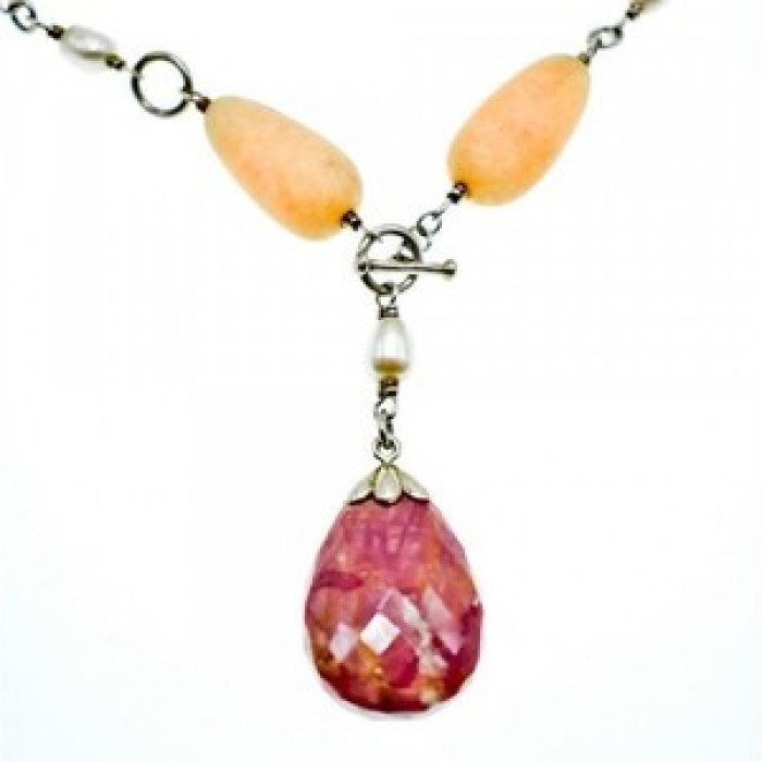 925 Sterling Silver Rose Quartz, Yellow Agate and Orange Carnelian Necklace