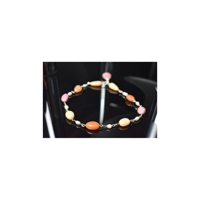 925 Sterling Silver Rose Quartz, Yellow Agate and Orange Carnelian Necklace