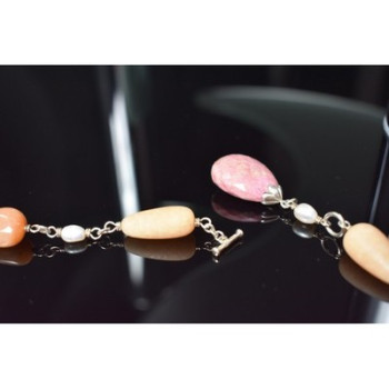 925 Sterling Silver Rose Quartz, Yellow Agate and Orange Carnelian Necklace