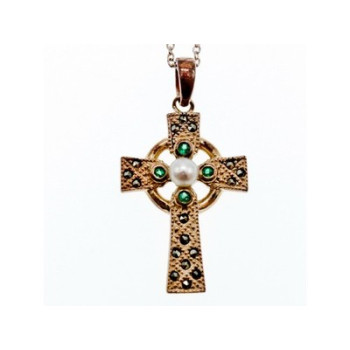 925 Sterling Silver Pearl, Emerald & Marcasites Chain with Cross