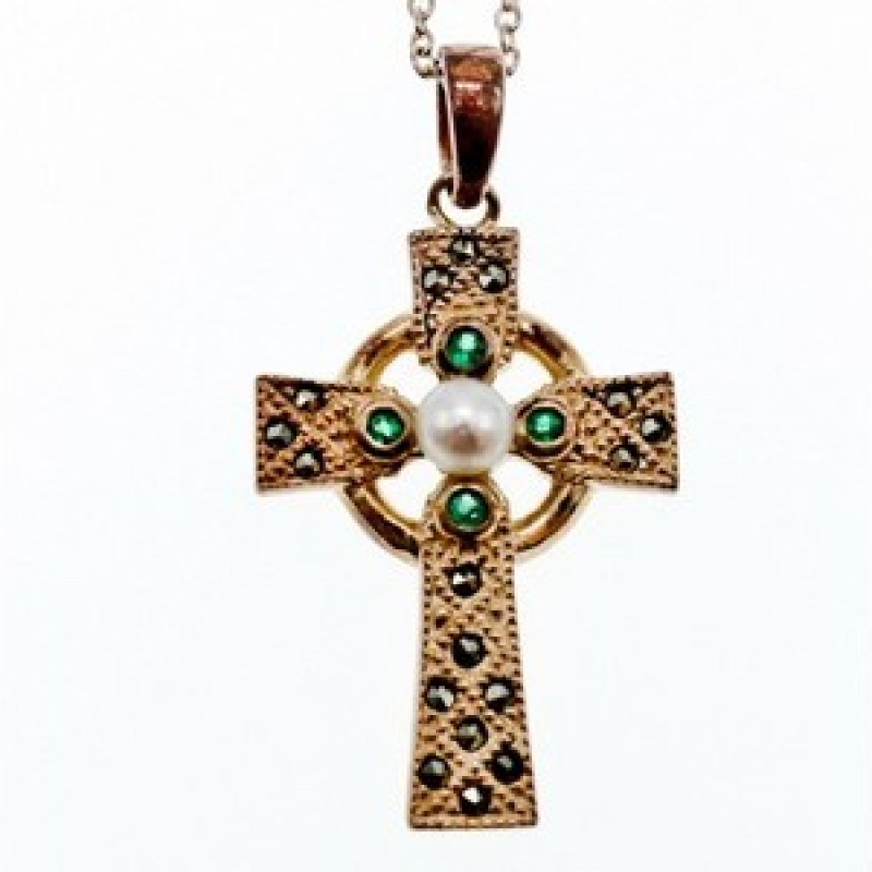 925 Sterling Silver Pearl, Emerald & Marcasites Chain with Cross