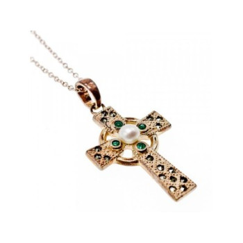 925 Sterling Silver Pearl, Emerald & Marcasites Chain with Cross