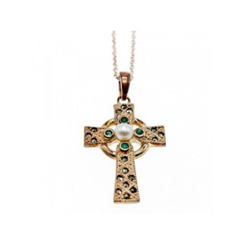 925 Sterling Silver Pearl, Emerald & Marcasites Chain with Cross