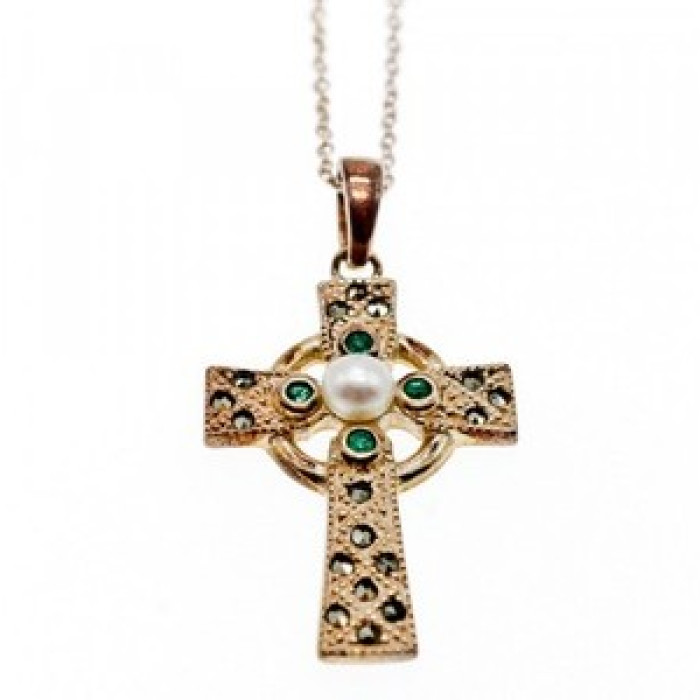 925 Sterling Silver Pearl, Emerald & Marcasites Chain with Cross