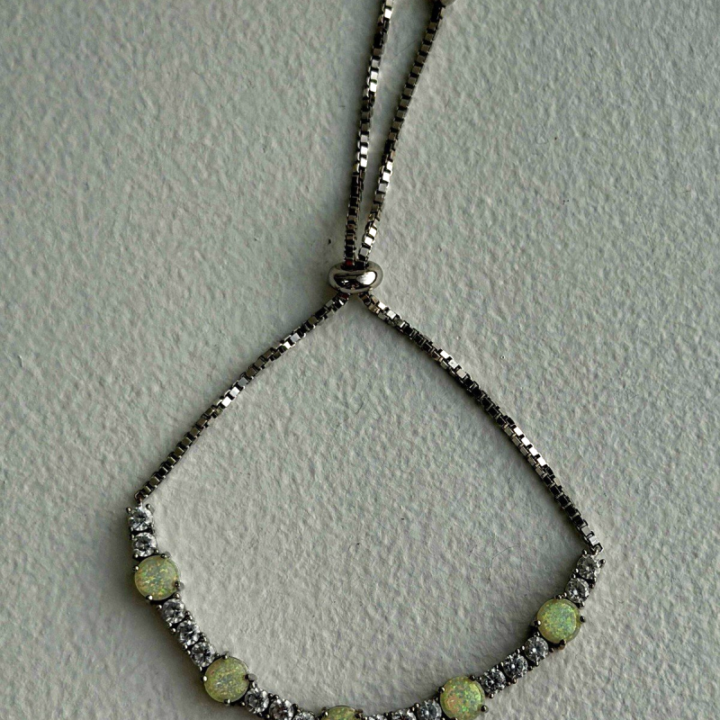 Adjustable 925 Sterling Silver Opal & Beryl Bracelet