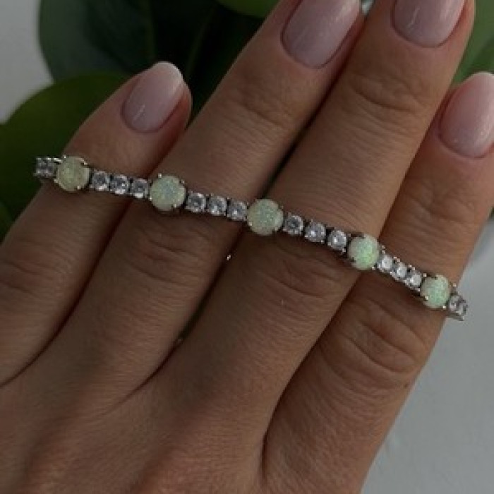 Adjustable 925 Sterling Silver Opal & Beryl Bracelet
