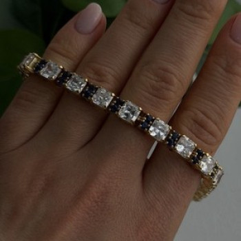 925 Sterling Silver Gold Plated White Colorless & Blue Cz Bracelet 7.5