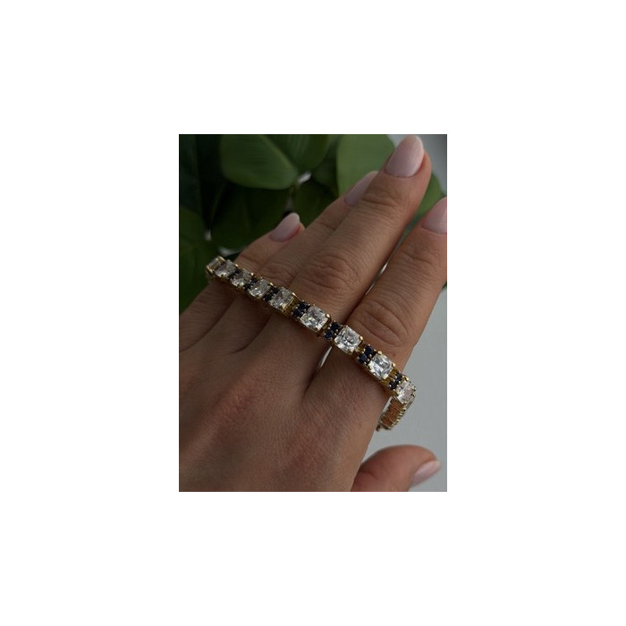 925 Sterling Silver Gold Plated White Colorless & Blue Cz Bracelet 7.5