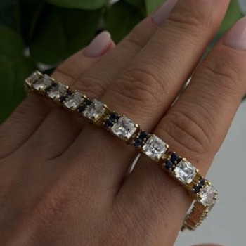 925 Sterling Silver Gold Plated White Colorless & Blue Cz Bracelet 7.5