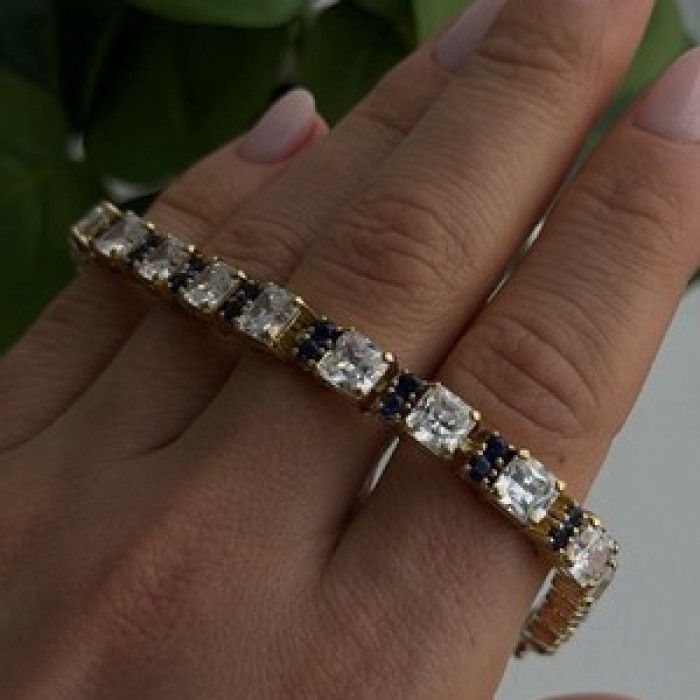 925 Sterling Silver Gold Plated White Colorless & Blue Cz Bracelet 7.5