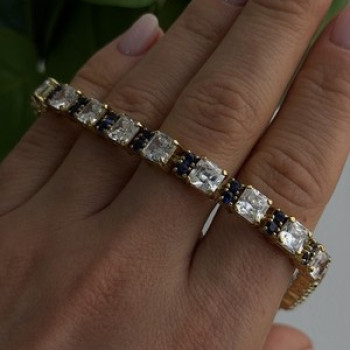 925 Sterling Silver Gold Plated White Colorless & Blue Cz Bracelet 7.5