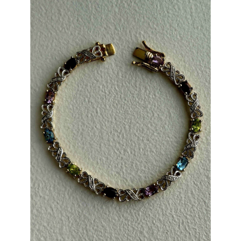 925 Sterling Silver Gold Plated Garnet Amethyst Peridot Topaz Bracelet 7.5