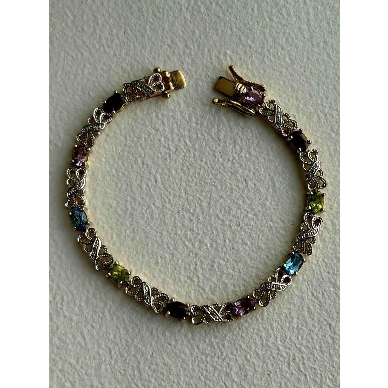 925 Sterling Silver Gold Plated Garnet Amethyst Peridot Topaz Bracelet 7.5