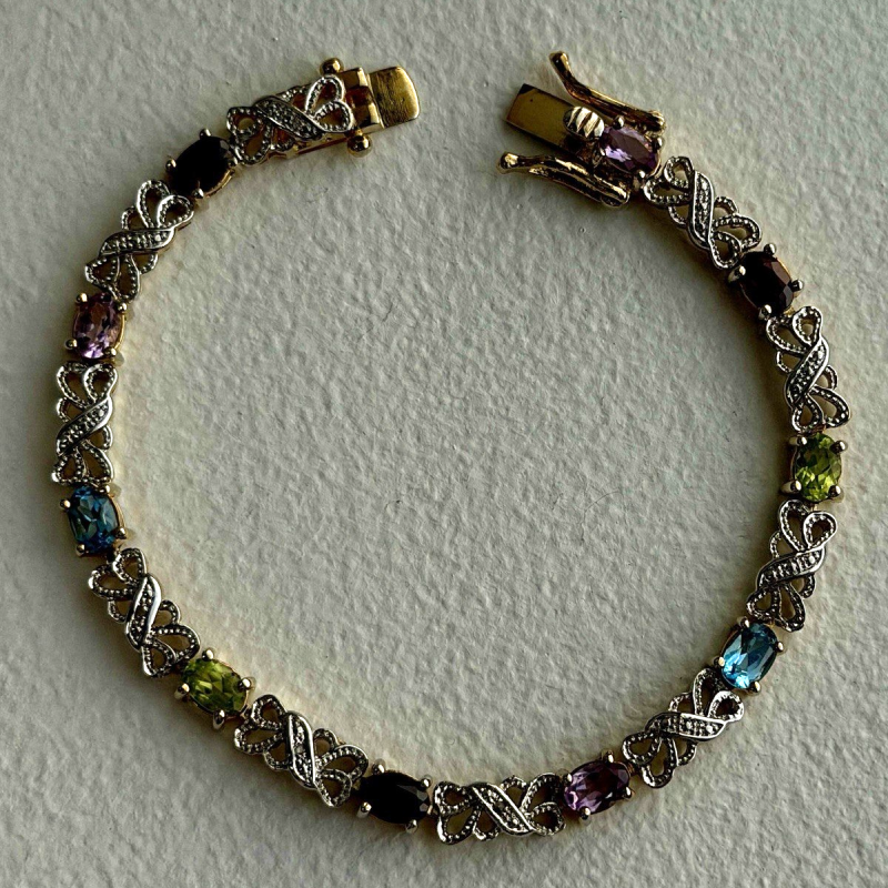 925 Sterling Silver Gold Plated Garnet Amethyst Peridot Topaz Bracelet 7.5