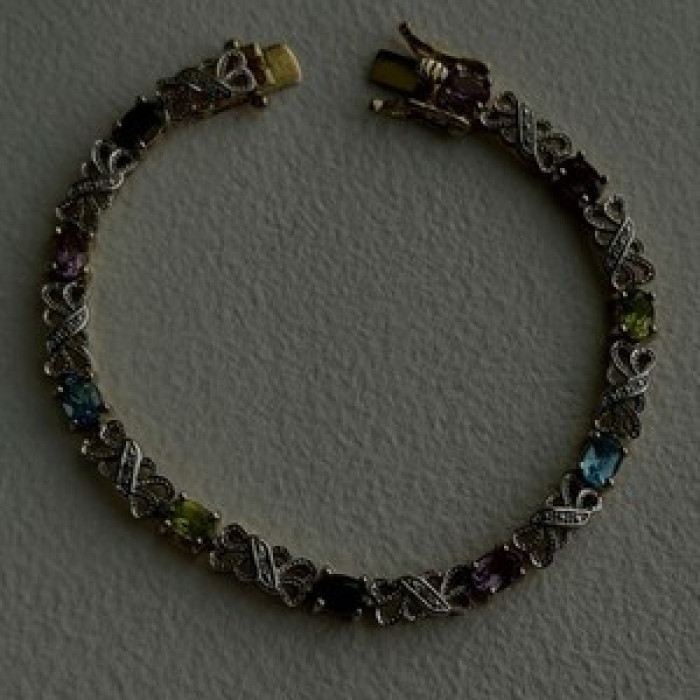 925 Sterling Silver Gold Plated Garnet Amethyst Peridot Topaz Bracelet 7.5