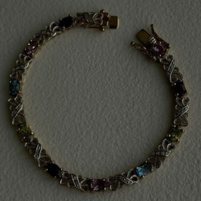 925 Sterling Silver Gold Plated Garnet Amethyst Peridot Topaz Bracelet 7.5