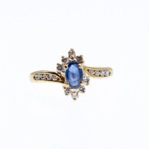 10K Yellow Gold Blue Sapphire & Diamonds Ring Size 5