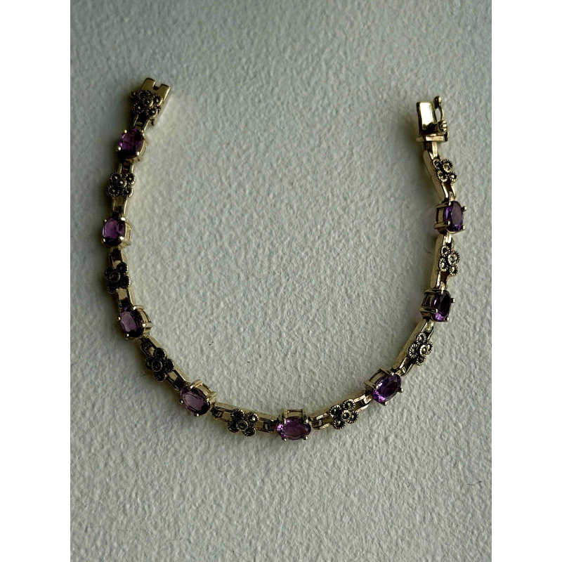 FAS 925 Sterling Silver Amethyst & Marcasite Flower Bracelet 7
