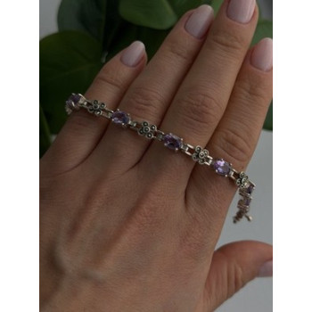 FAS 925 Sterling Silver Amethyst & Marcasite Flower Bracelet 7