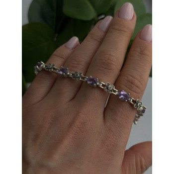 FAS 925 Sterling Silver Amethyst & Marcasite Flower Bracelet 7