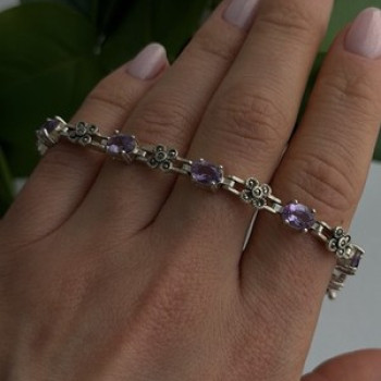 FAS 925 Sterling Silver Amethyst & Marcasite Flower Bracelet 7