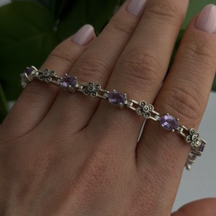 FAS 925 Sterling Silver Amethyst & Marcasite Flower Bracelet 7