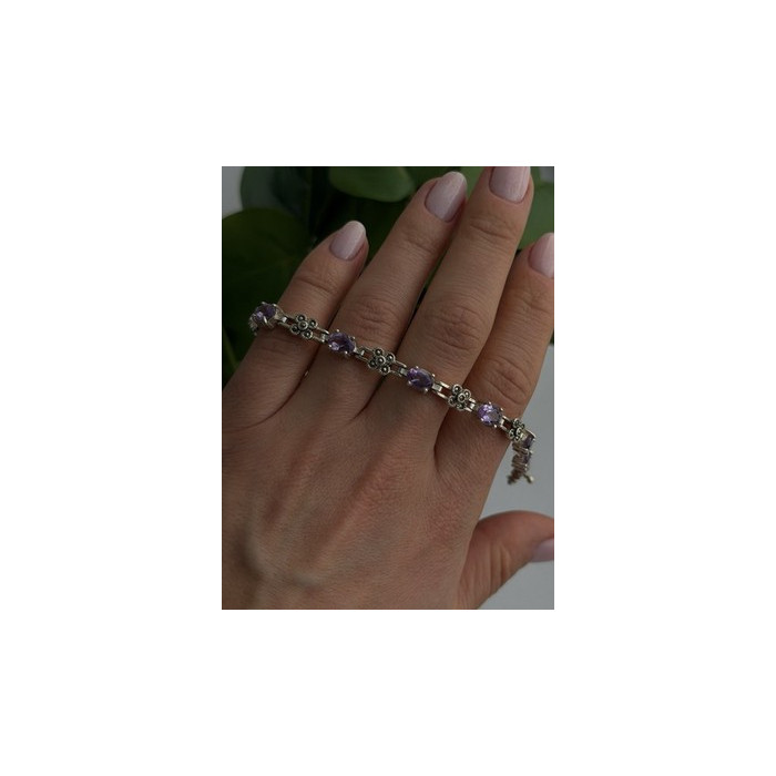 FAS 925 Sterling Silver Amethyst & Marcasite Flower Bracelet 7
